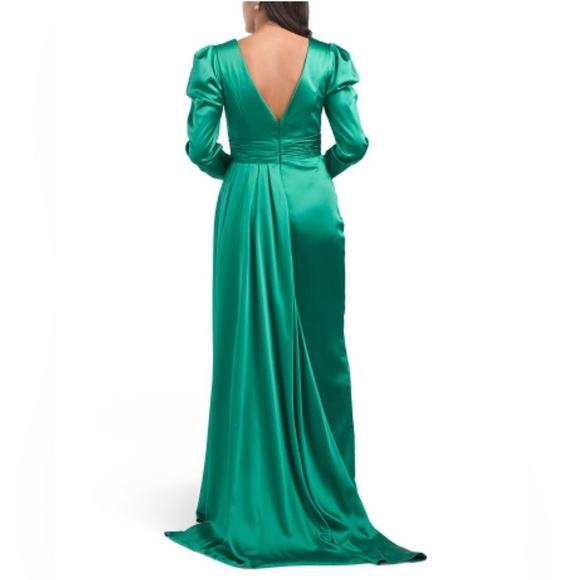 Mac Duggal 12404 Emerald Green Satin Puff Sleeve Evening Gown with Slit Size 6 - Picture 6 of 11